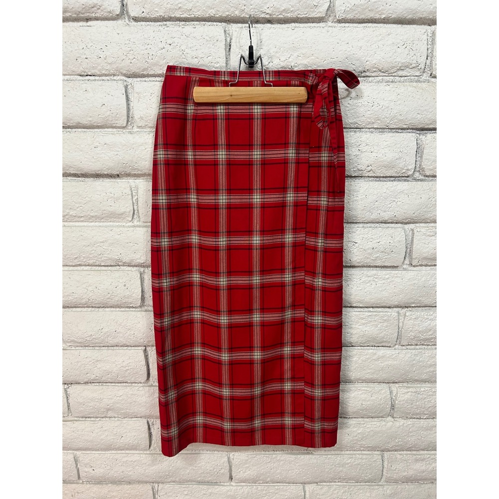 Crazy Horse Liz Claiborne Red Plaid Wrap Midi Skirt Petite 8P Tartan Preppy Tie